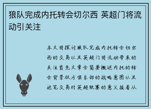 狼队完成内托转会切尔西 英超门将流动引关注