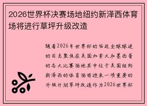 2026世界杯决赛场地纽约新泽西体育场将进行草坪升级改造 2026世界杯决赛场地纽约新泽西体育场将进行草坪升级改造