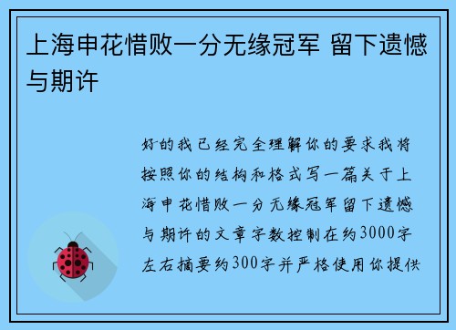 上海申花惜败一分无缘冠军 留下遗憾与期许
